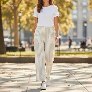 Jenni Kayne Striped Wide Leg Pants Cream Brown Elastic Waist Womens Medium